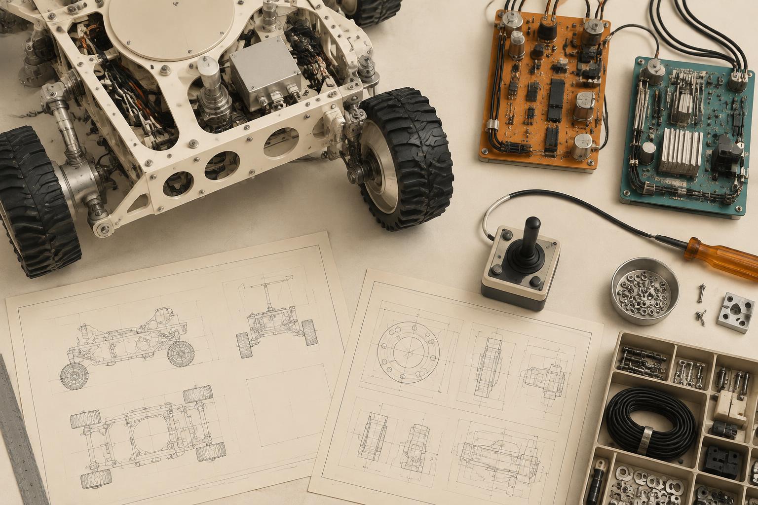 Illustrative robotics workbench with modular rover parts and electronics, not a documented Rydell prototype